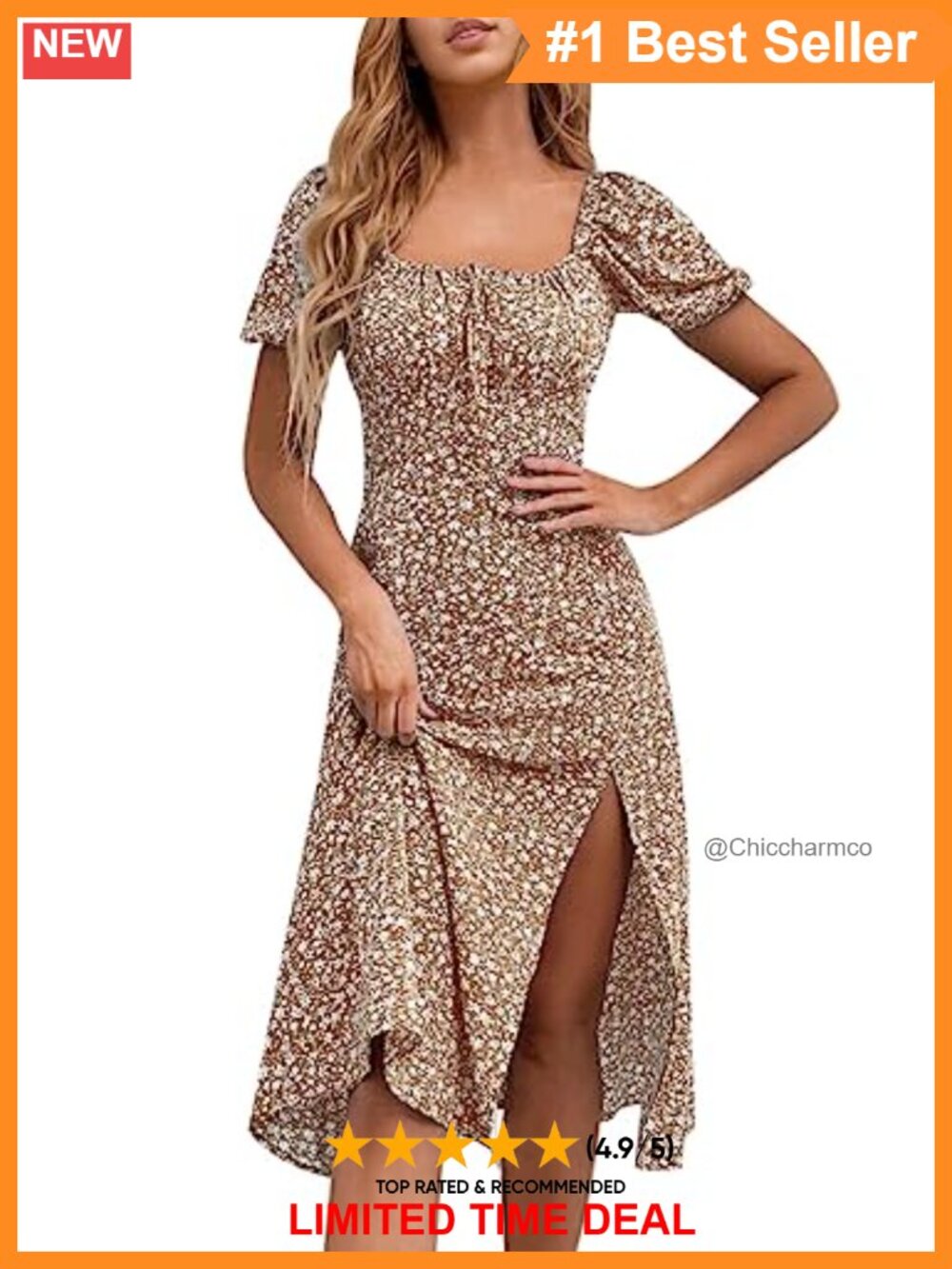 Women's Floral Boho Midi Dress Square Neck Puff Sleeve Ruched Bust Split
